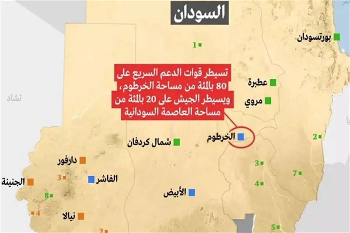 تصویر| نقشه مناطق تحت کنترل طرف‌های درگیر در سودان