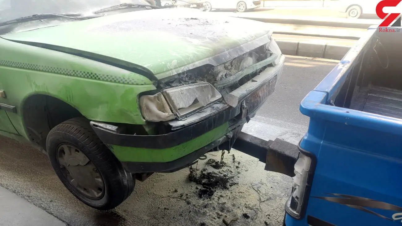 آتش گرفتن تاکسی زن تهرانی در اتوبان امام علی/ عکس