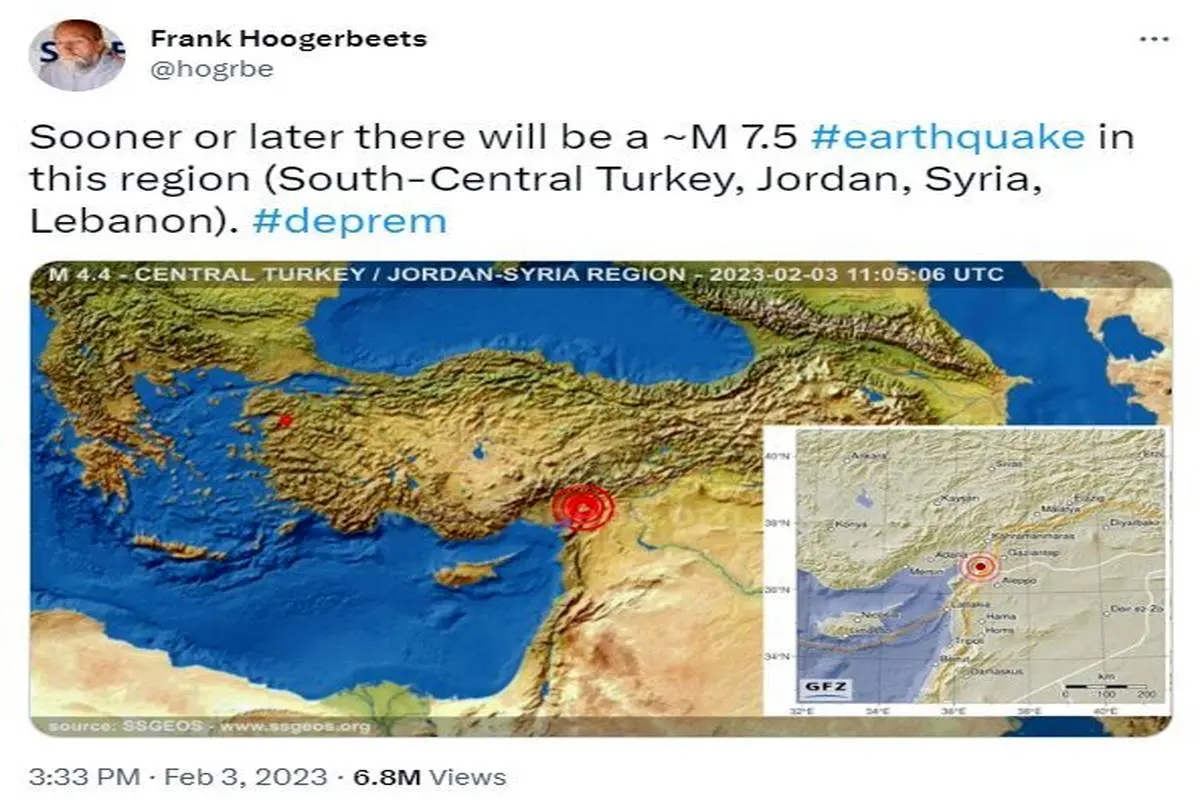 توییت زمین‌شناس هلندی ۳ روز پیش از زلزله ترکیه: دیر یا زود در منطقه جنوب ترکیه، اردن، سوریه و لبنان زمین‌لرزه‌ای رخ خواهد داد 
